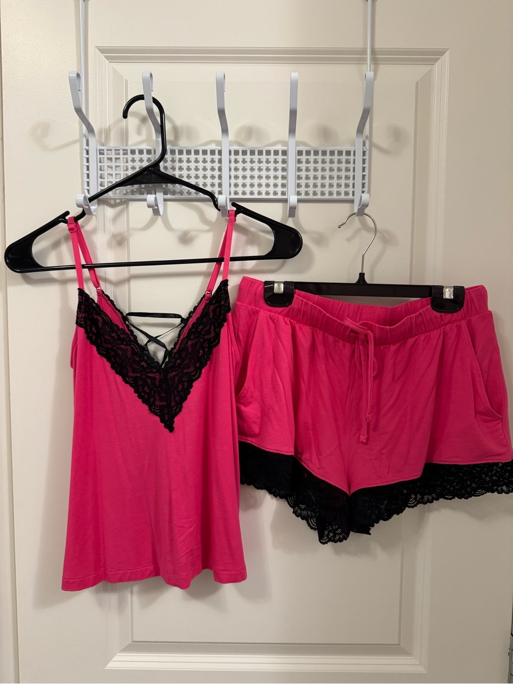 La Vi en Rose Pink and Black Lace Modal cami and short set